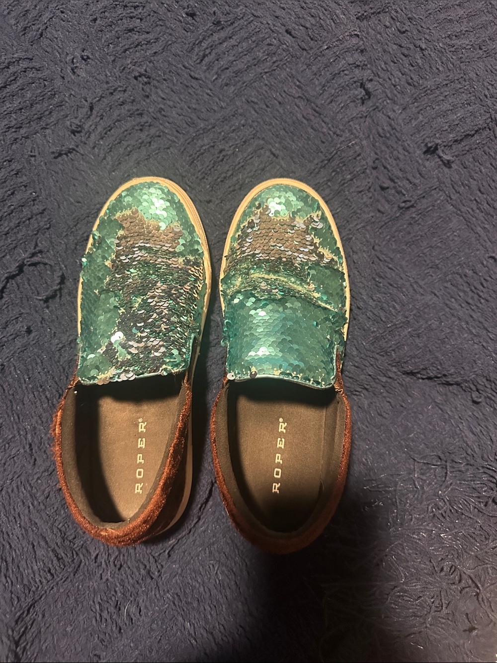 Roper Kids Teal Sequin Slip-On Shoes with Brown Trim